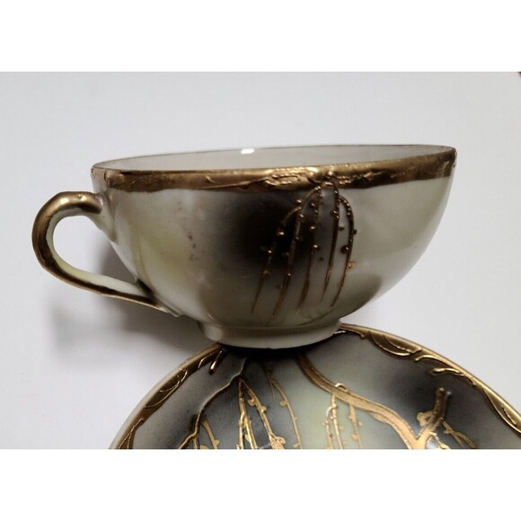 Made in Japan Hand Painted 2 Cups with Saucers Bone China Gold Ivory Grey Birds - Picture 8 of 12